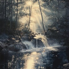 Canvas Print - Sunbeams on a Waterfall