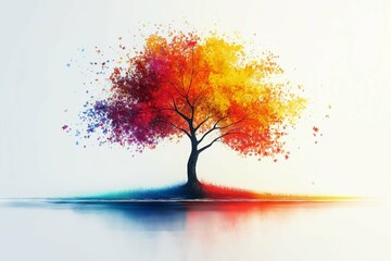 Wall Mural - A minimalist tree growing with abstract, colorful ideas on a solid white background.