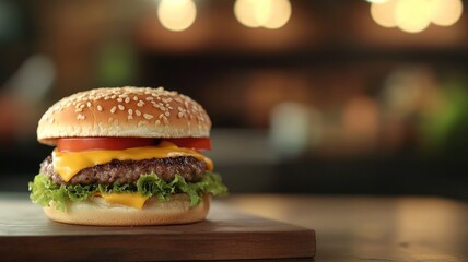 Wall Mural - Juicy cheeseburger with lettuce and tomatoes on sesame seed bun