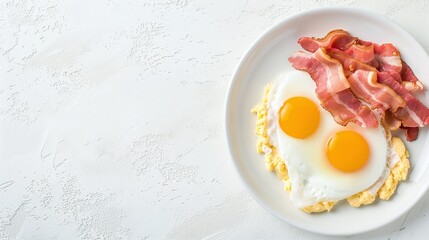 Classic breakfast of fried eggs and crispy bacon on a white plate. A high-protein, hearty meal perfect for starting the day with traditional breakfast comfort food and flavor.