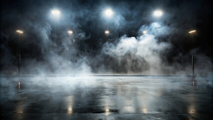 Wall Mural - Dark and moody studio room with wet asphalt, smoke, and night view backdrop