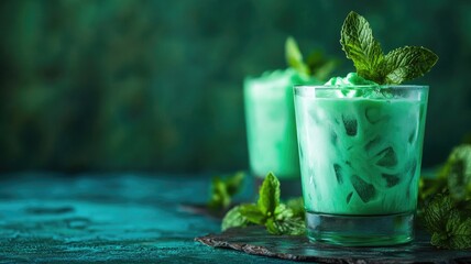 Two glasses of vibrant green mint drinks garnished with fresh leaves on dark surface