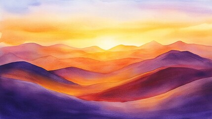 Abstract watercolor painting of a sunset over mountains in shades of purple, orange and yellow.