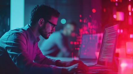 Man coding on laptop in dimly lit tech office