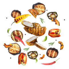 Wall Mural - Grilled vegetables and chicken in air on white background