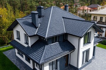 Wall Mural - Roof of the house made of bitumen roof shingles aerial view , ai