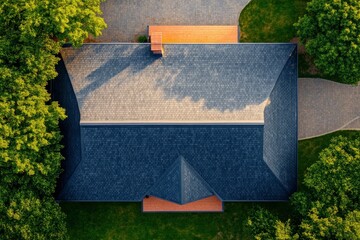 Wall Mural - Roof of the house made of bitumen roof shingles aerial view , ai