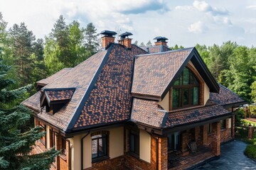 Wall Mural - Roof of the house made of bitumen roof shingles aerial view , ai