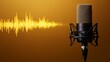 © atipong - Recording studio microphone with sound waves on golden gradient background. Podcasting broadcasting or music production banner for website with copy space