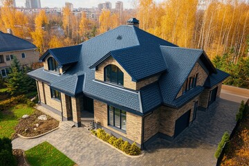 Wall Mural - Roof of the house made of bitumen roof shingles aerial view , ai