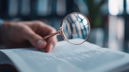 Close-up of a hand holding a magnifying glass over an open book, focusing on printed text. Concept of research, reading, and investigation.