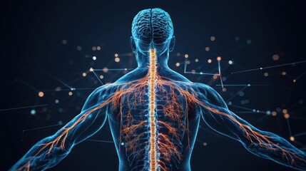 an anatomical illustration showing the human nervous system in a transparent body, with nerves and t