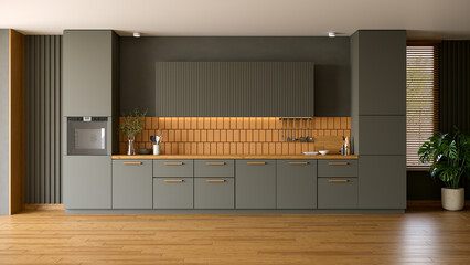 Modern dark olive green  kitchen with  plant and wood floor.3d render