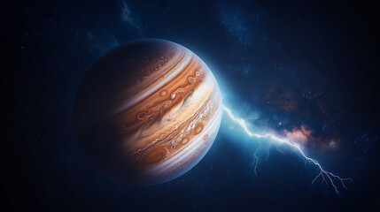 Wall Mural - A mesmerizing close-up of Jupiter's surface, showcasing its deep brown hues swirling with gaseous patterns. Ethereal lightning flashes across the atmosphere, illuminating the planet's thick, colorful 