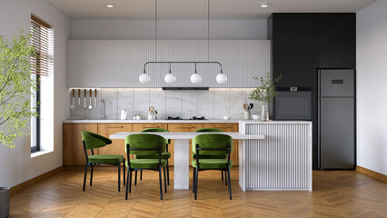 Wall Mural - Modern scandinavian  kitchen room interior, with wooden cabinets  and contemporary dinning island with plants and wood floor.3d render