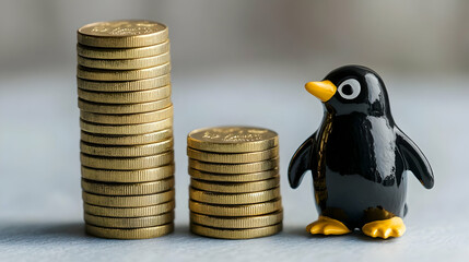 A charming black penguin figurine next to piles of coins, symbolizing savings and financial growth in a creative arrangement.