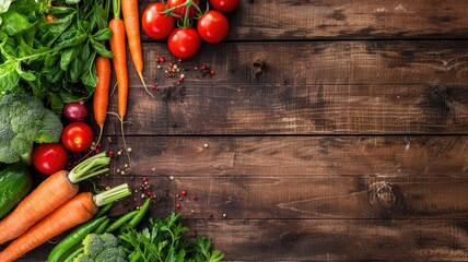 Wall Mural - Fresh vegetables on wooden background with copy space