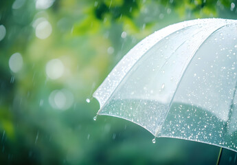 A close-up view of a transparent umbrella with raindrops, surrounded by lush greenery, capturing a serene, rainy day atmosphere.