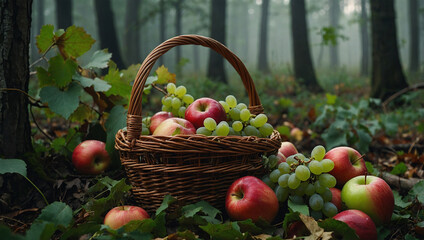 Red apples and green grapes in a wicker basket, set on a forest floor covered with leaves and soft mist in the background.