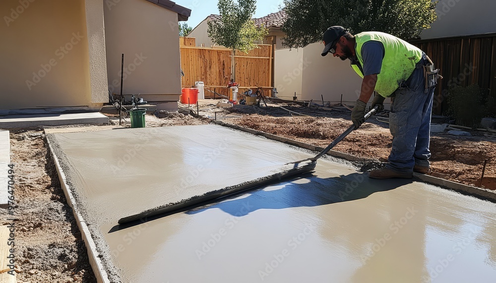 Construction worker leveling concrete surface in backyard, creating ...