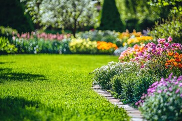 Beautiful spring garden. The green lawn emphasizes the blooming flowers in the garden. A diverse spectrum of colorful flowers, panoramic views of natural beauty , ai