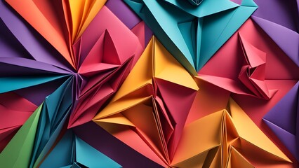 A close-up shot of colorful origami paper folded into abstract shapes creating a vibrant and textured pattern.