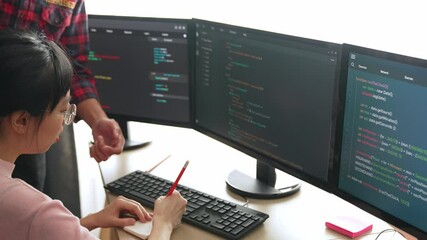 Slow motion back end or software developer manager supervising his team on new application program development on debugging and solving complex code algorithms on monitor. Burgeoning