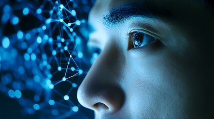 Closeup of Man's Eye Looking at Abstract Network Connection.