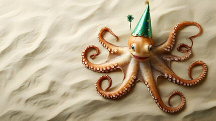 a playful octopus wearing a party hat, perfect for celebrating fun aquatic themes and ocean adventur