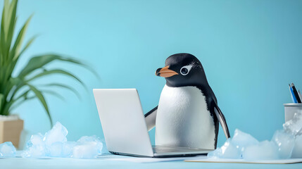 A playful penguin working on a laptop surrounded by ice, capturing the whimsical blend of nature and technology.