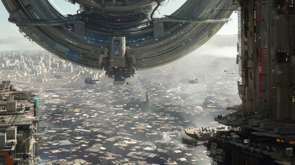 Futuristic Cityscape with Giant Spaceship