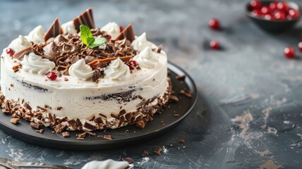 Creamy chocolate cake adorned with shaved chocolate, whipped cream, and mint leaf on black plate scattered berries