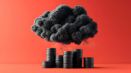 a striking visual of dark clouds over a stack of coins, symbolizing financial uncertainty and econom