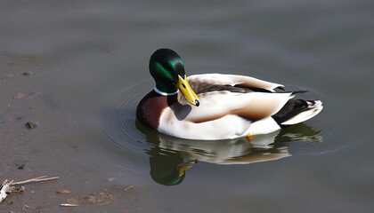 A duck is swimming in a pond