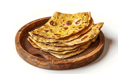 Board and plate of tasty Chapati with on white background.