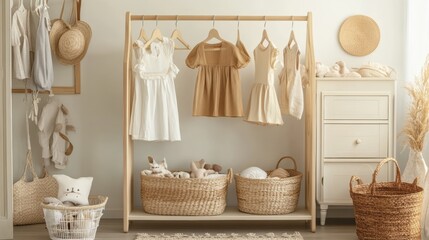 Clothing Rack with kids outfits and storage baskets in childrens room. Fashion clothes in white beige and brown colors on hangers in wardrobe. Set of kids clothes and accessories.