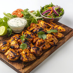 Wall Mural - Board and plate of tasty Chicken Tikka with on white background.