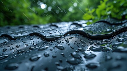 Close-up of raindrops on a black tiled roof during a light rainfall.