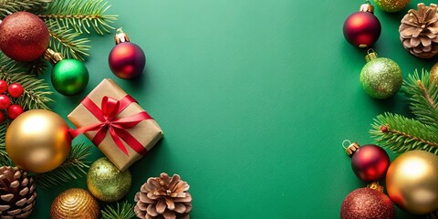 Christmas background featuring bright balls, gifts, and pine cones on a green backdrop