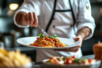 Close up of chef serving a dish in restaurant , ai