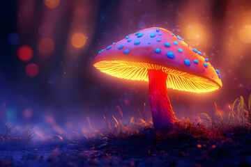 A vibrant, glowing mushroom with colorful polka dots, set against a mystical background of soft light and fog.