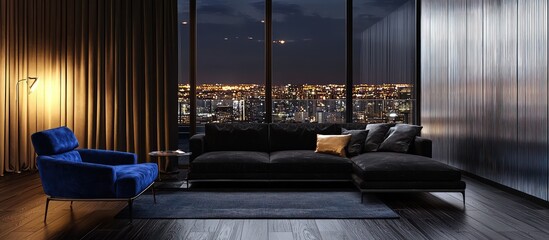 Product presentation room with glossy concrete and oak walls, overlooking greenery.