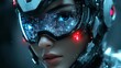 © Morng - Futuristic woman with advanced cyber technology. Close-up of face in neon lights wearing high-tech visor and helmet. Sci-fi concept.