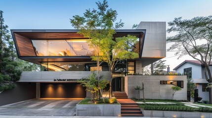 Poster - Modern Concrete House with Lush Greenery