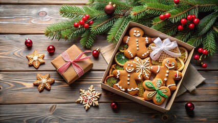 Wall Mural - Gingerbread cookies in gift boxes with Christmas tree ornament