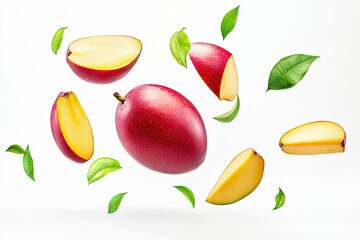 Wall Mural - Red mango fruit with green leaf and slices falling isolated on white background , ai