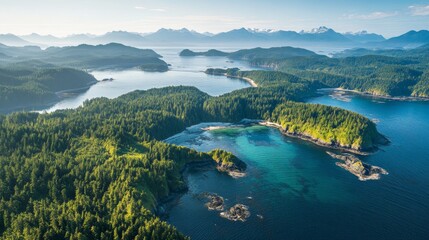 An aerial view of Vancouver Island shows a mosaic of dense forests winding coastlines and distant mountains. The vast blue ocean meets the islands rugged edges capturing natural beauty from above.