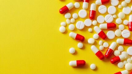 pills. supplements omega 3 vtamin c. white pills red capsules on yellow background. an allergy pill 