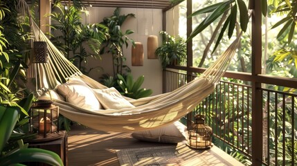 Canvas Print - Relaxing Hammock on a Tropical Balcony