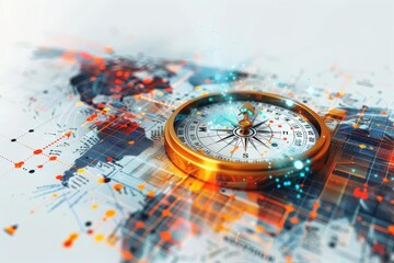 a creative compass design over a colorful map background, symbolizing navigation and exploration in 